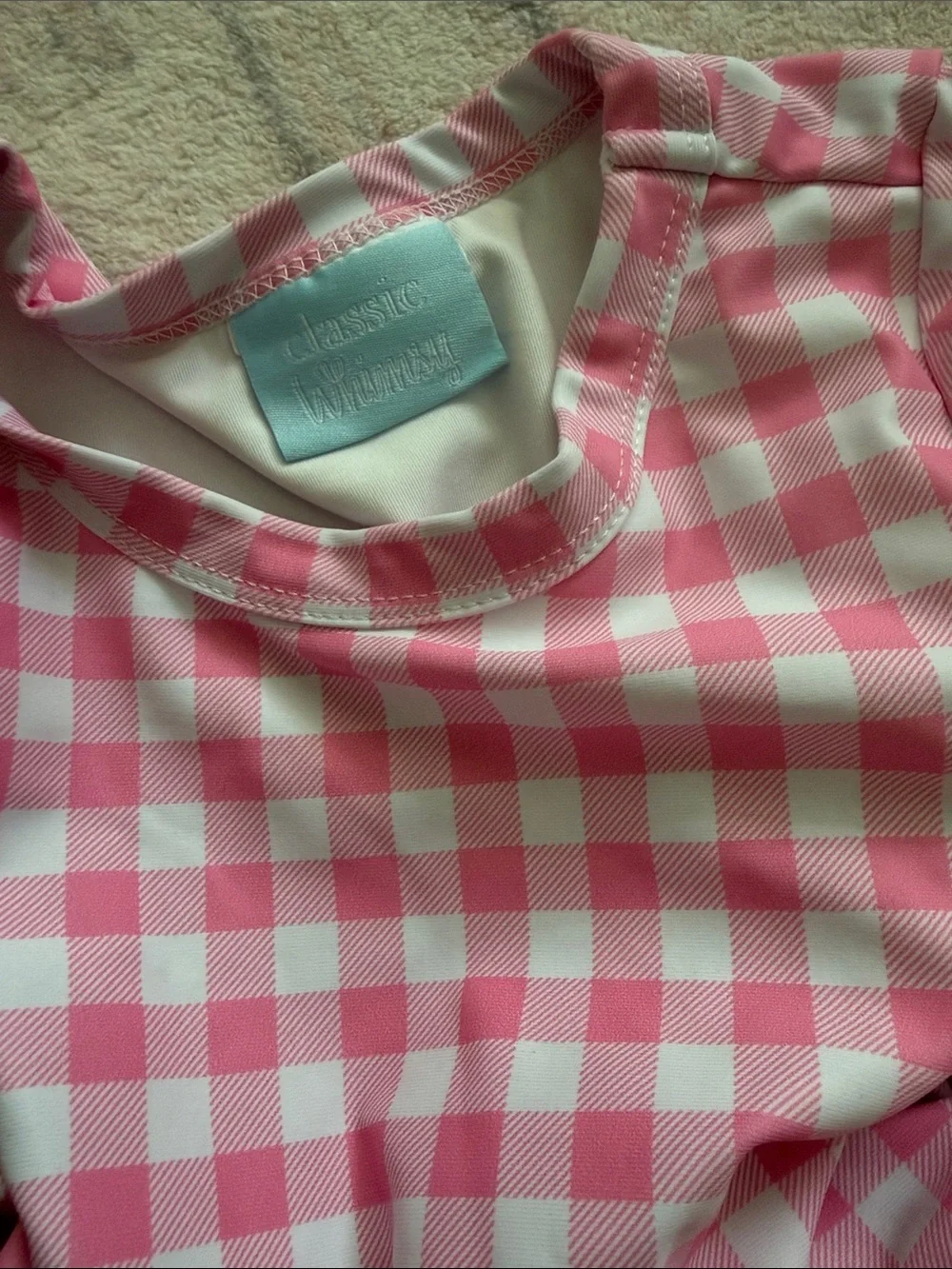 Pink Gingham Long-Sleeve Rashguard Swim Set with Bows